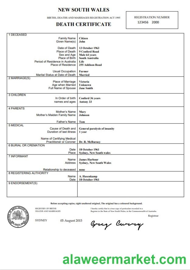 Australia New South Wales death certificate template in Word
